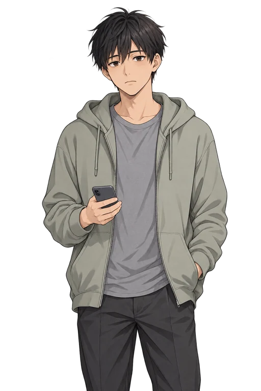 普段着でスマートフォンを持つソラ