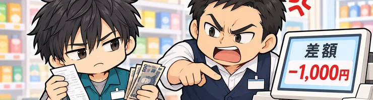 レジに差額マイナス1,000円が表示され、レシートを確かめるソラに店長が怒っている。