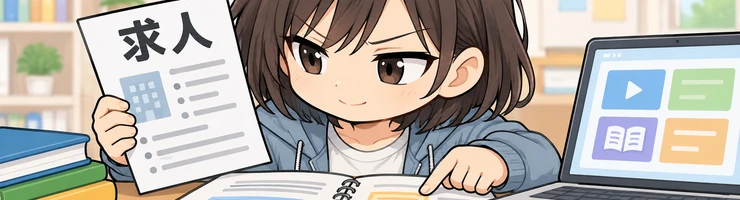 ヒカリが求人票と教材を見比べ、仕事に必要な技能を確かめている。