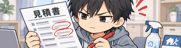 ソラが初期費用の見積書を見て、消毒やサポートの追加項目に印を付けている。