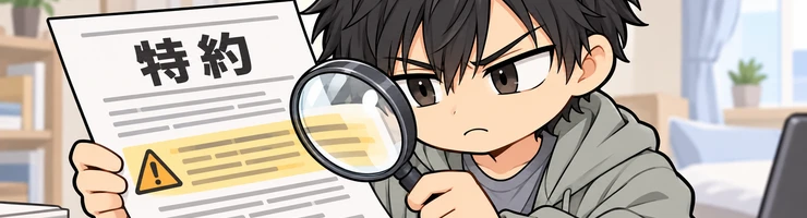 ソラが契約書の特約欄を虫眼鏡で読み、注意したい条文を見つけている。