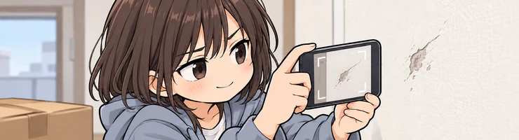 ヒカリが入居した部屋の壁にある傷を、スマートフォンで撮影している。