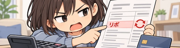 ヒカリがカード明細のリボ払いの欄を指し、電卓とカードを前に請求を確認している。
