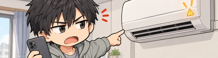 ソラが故障した備え付けエアコンを指し、スマートフォンで連絡しようとしている。